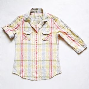 3/4 Sleeve Linen/Cotton Plaid Button Down Shirt S
